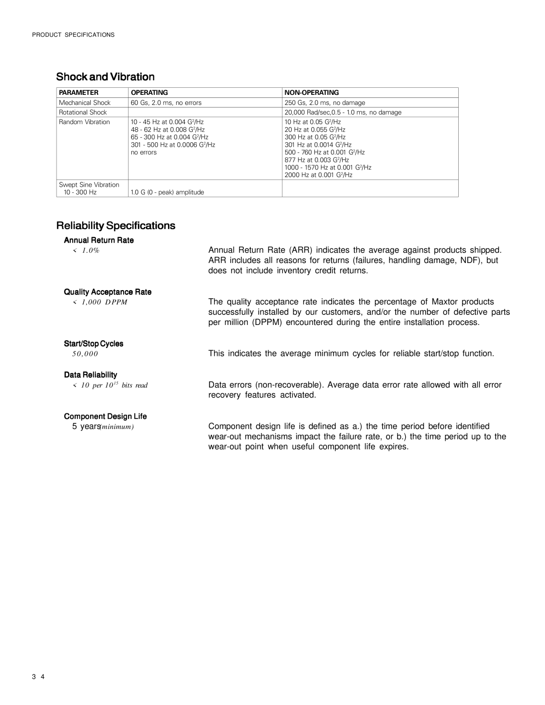 Maxtor 53073U6, 51024U2, 52049U4, 51536U3 Shock and Vibration, ReliabilitySpecifications, Parameter Operating NON-OPERATING 