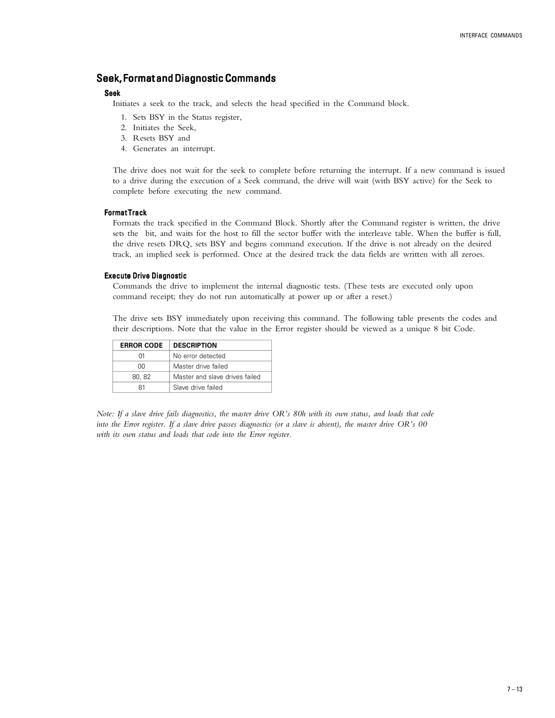 Maxtor 53073U6, 51024U2, 52049U4, 51536U3, 54098U8 specifications Seek,FormatandDiagnosticCommands, Error Code Description 