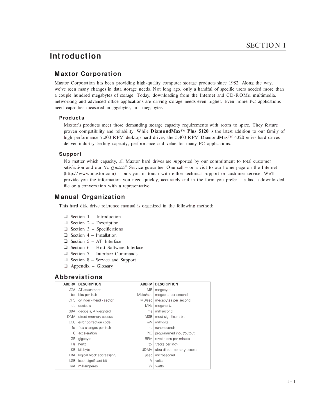 Maxtor 5120 manual Introduction, Maxtor Corporation, Manual Organization, Abbreviations 