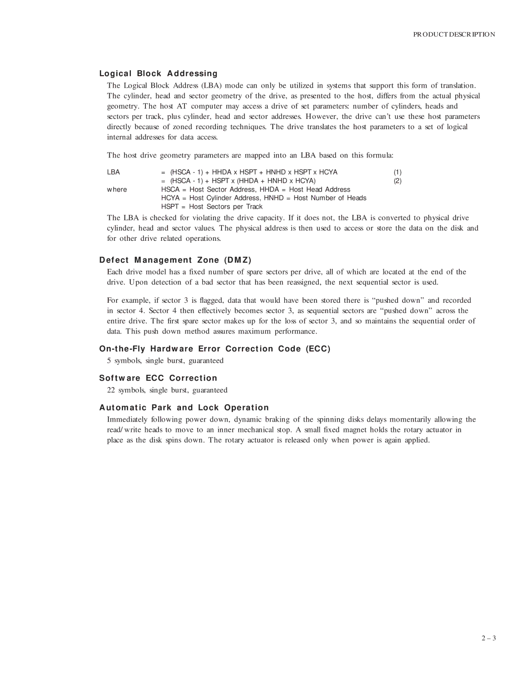 Maxtor 5120 manual Logical Block Addressing, Defect Management Zone DMZ, On-the-Fly Hardware Error Correction Code ECC 