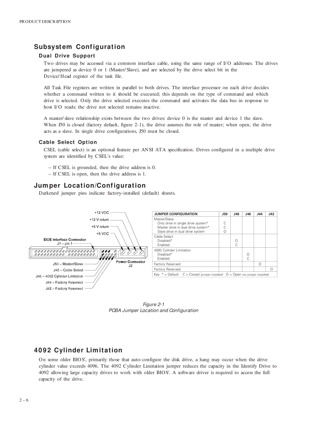 Maxtor 5120 manual Subsystem Configuration, Jumper Location/Configuration, Cylinder Limitation, Dual Drive Support 