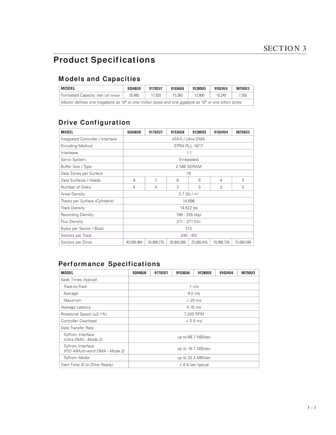 Maxtor 5120 manual Product Specifications, Models and Capacities, Drive Configuration, Performance Specifications 