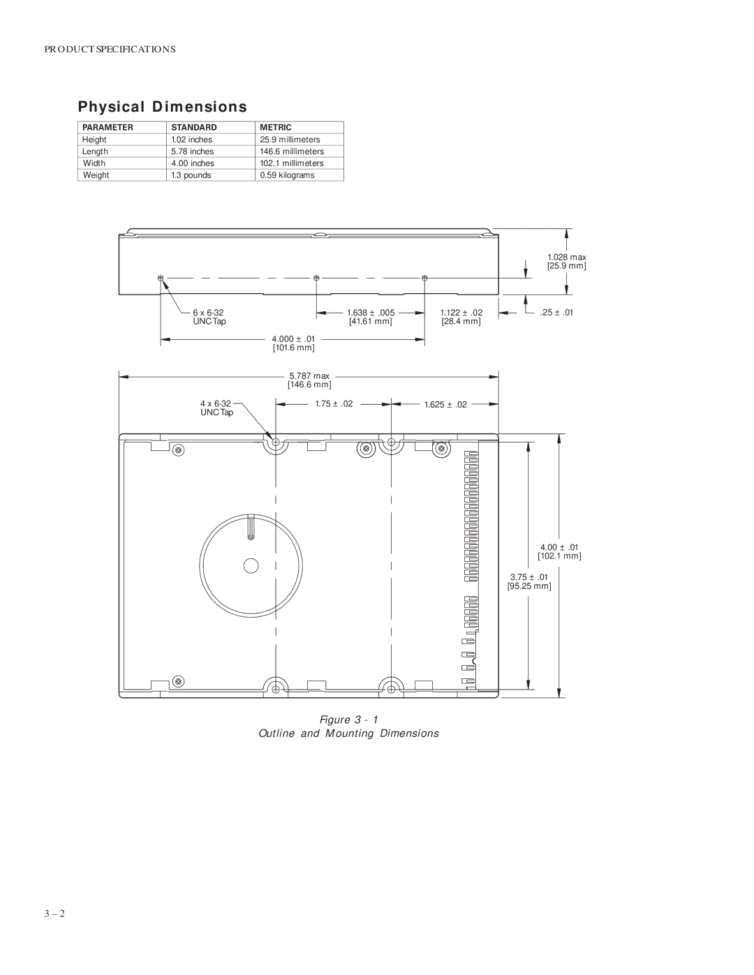 Maxtor 5120 manual Physical Dimensions, Parameter Standard Metric 