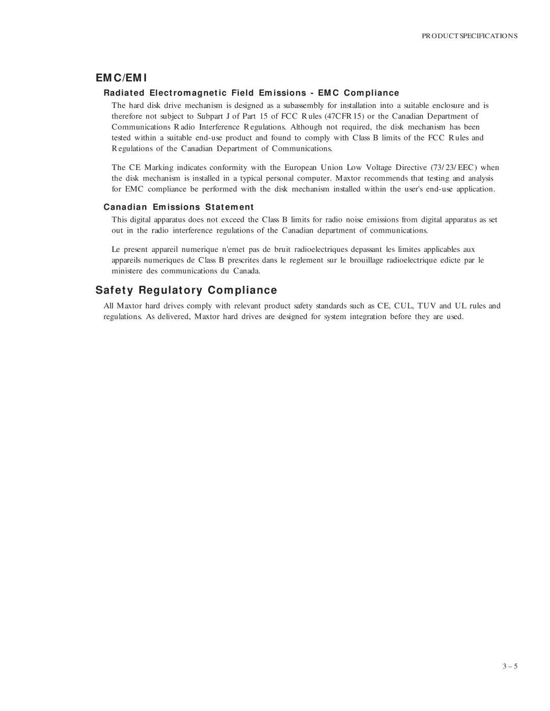 Maxtor 5120 manual Safety Regulatory Compliance, Radiated Electromagnetic Field Emissions EMC Compliance 