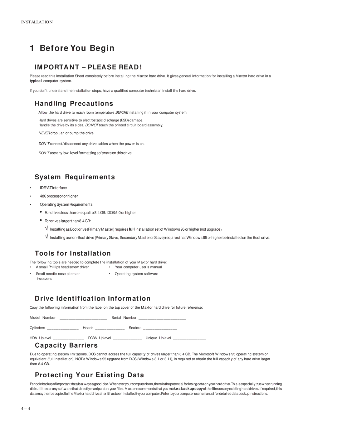 Maxtor 5120 manual Handling Precautions, System Requirements, Tools for Installation, Drive Identification Information 