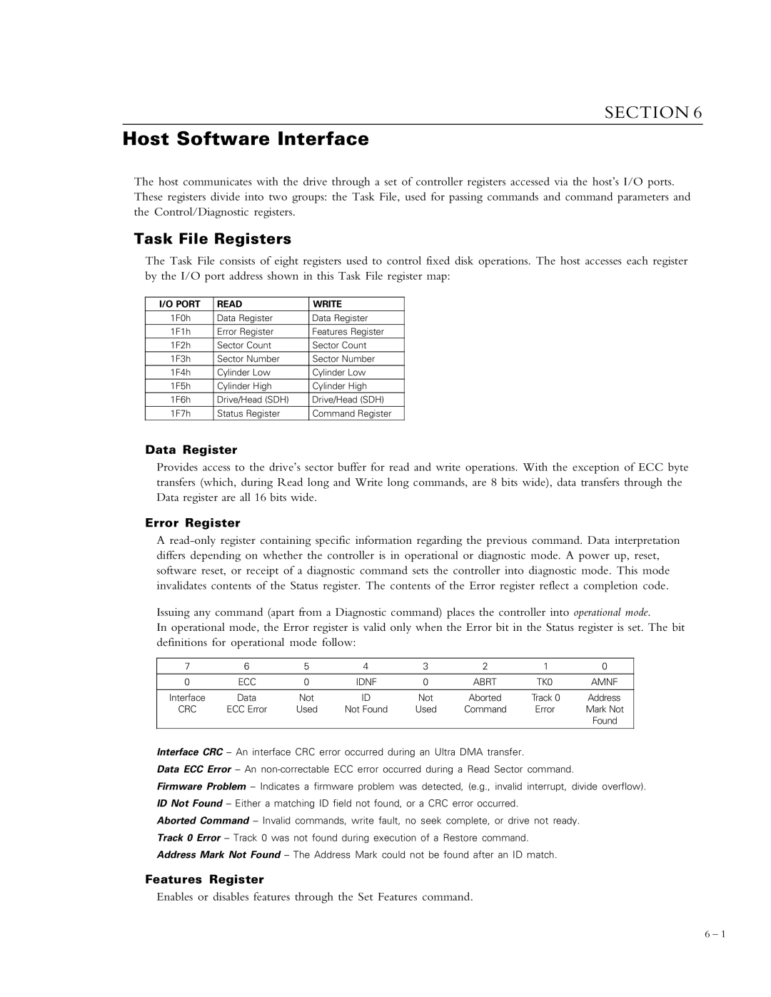 Maxtor 5120 manual Host Software Interface, Task File Registers, Data Register, Error Register, Features Register 