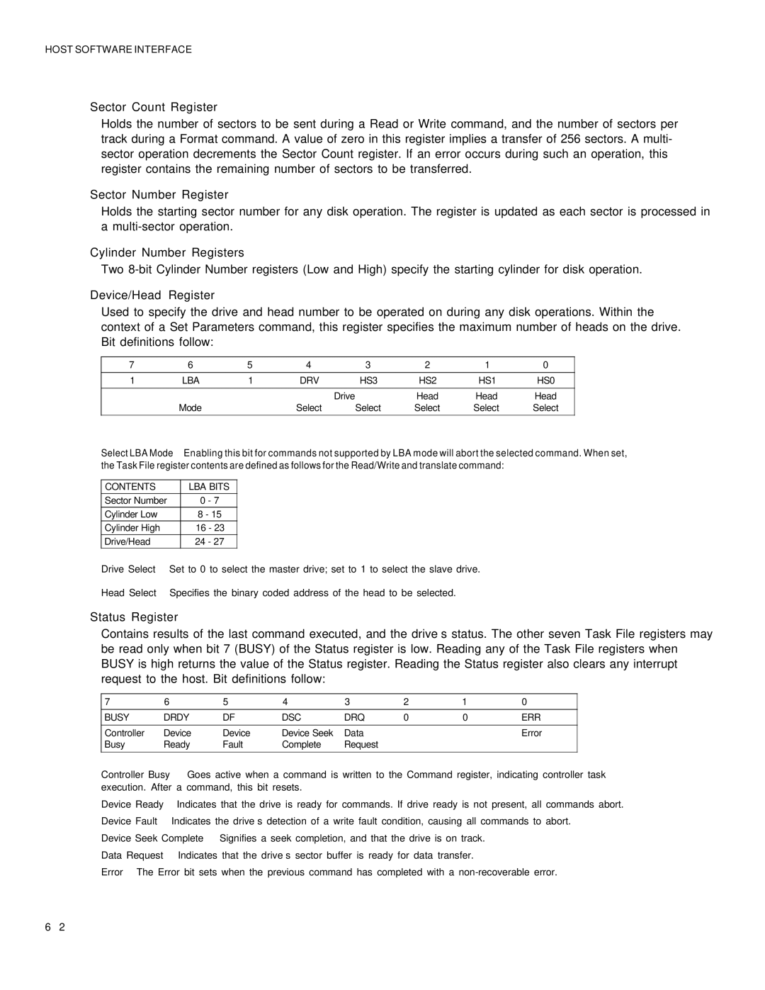 Maxtor 5120 manual Sector Count Register, Sector Number Register, Cylinder Number Registers, Device/Head Register 