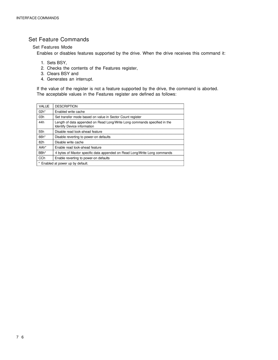 Maxtor 5120 manual Set Feature Commands, Set Features Mode 