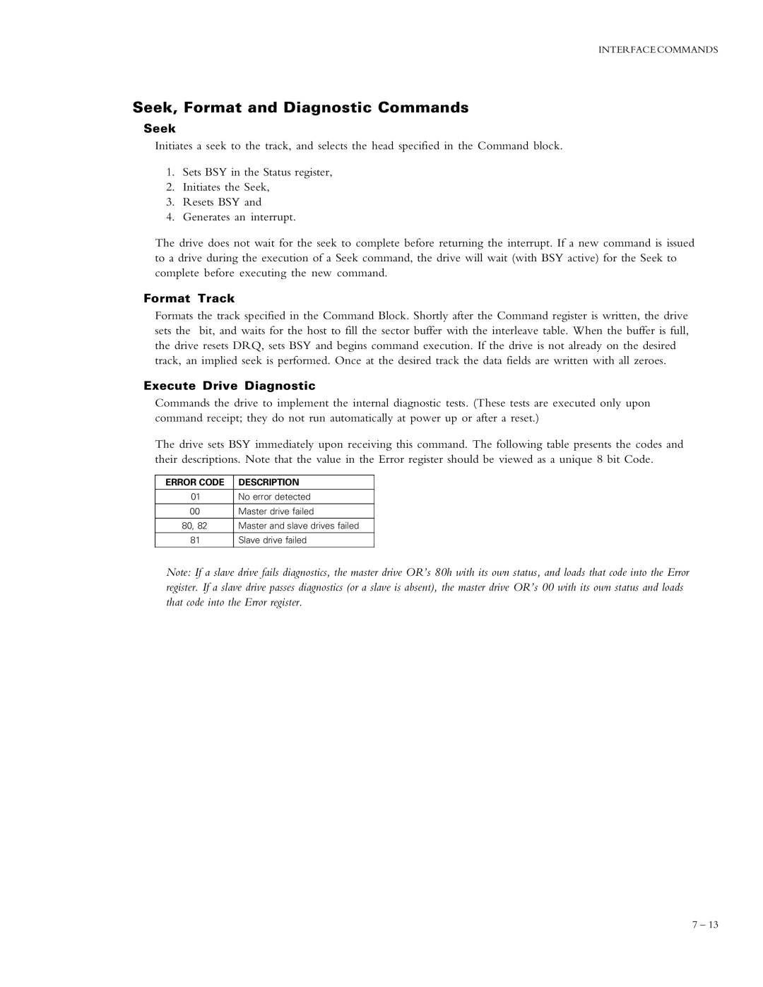 Maxtor 5120 manual Seek, Format and Diagnostic Commands, Format Track, Execute Drive Diagnostic 