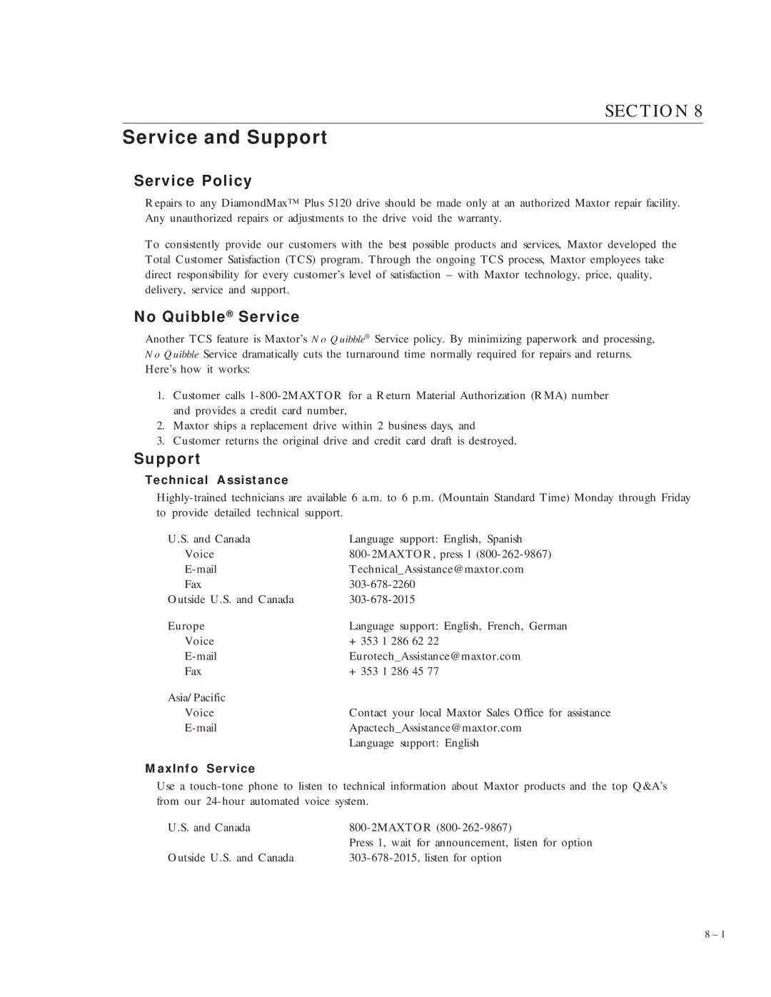 Maxtor 5120 manual Service and Support, Service Policy, No Quibble Service 