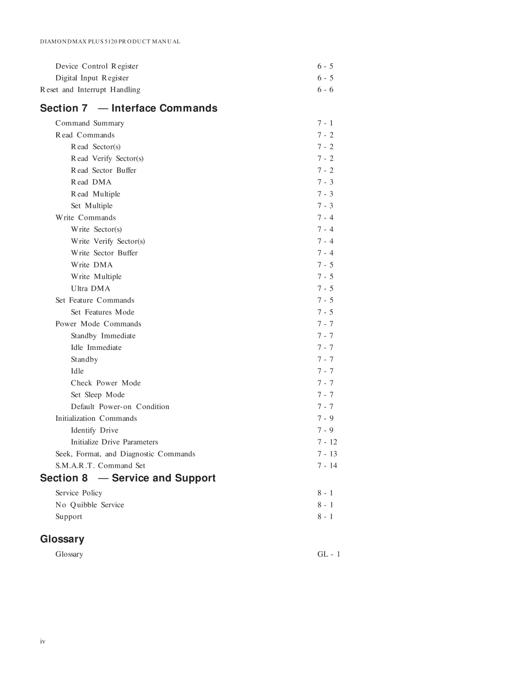 Maxtor 5120 manual Interface Commands, Service and Support, Glossary 