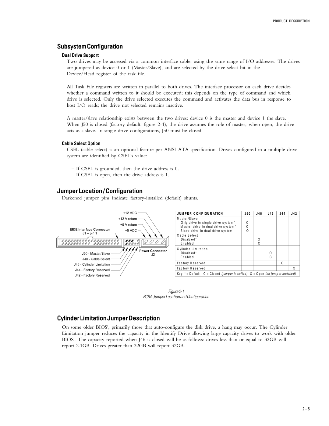 Maxtor 546106, 51536H2 SubsystemConfiguration, Jumper Location / Configuration, CylinderLimitationJumperDescription 