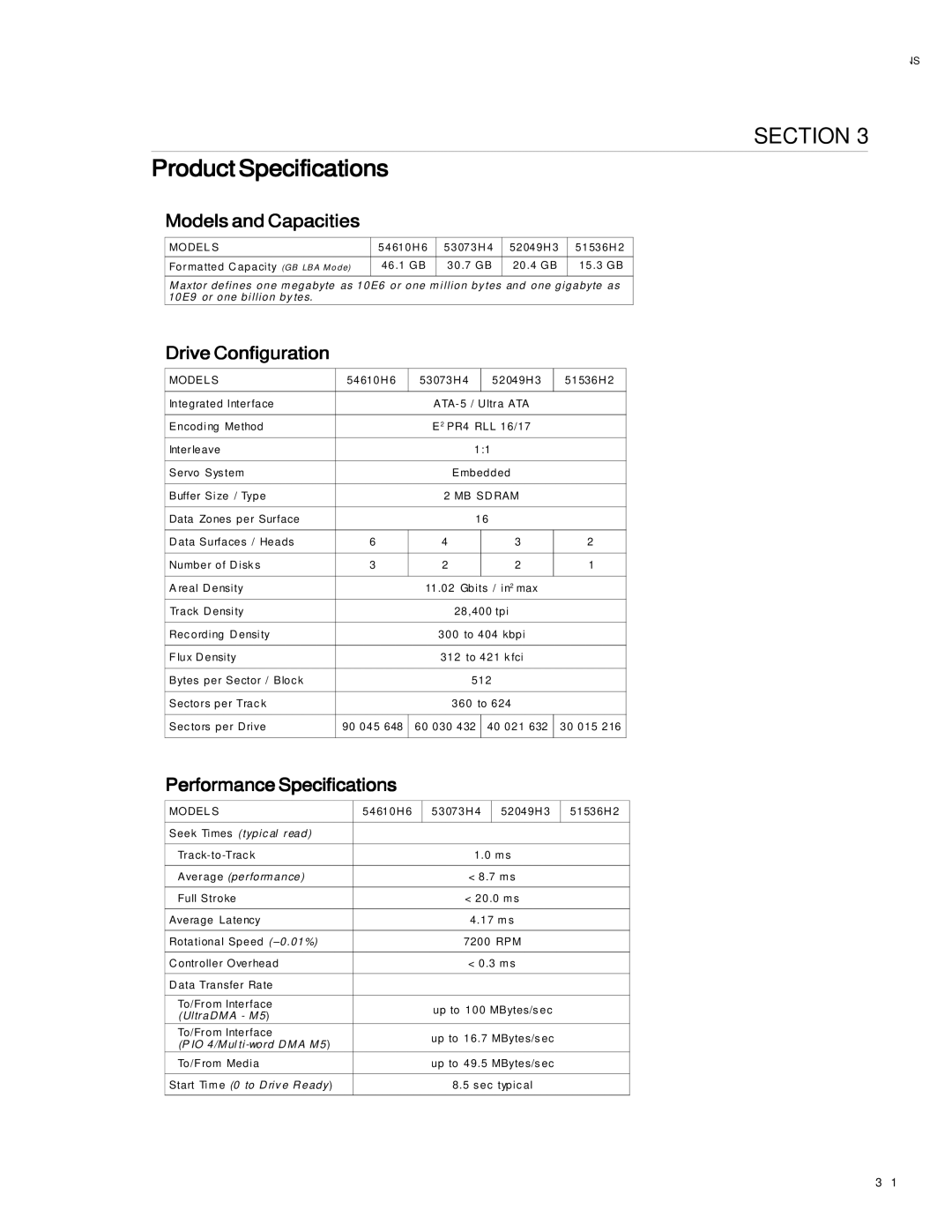 Maxtor 51536H2, 52049H3, 53073H4 ProductSpecifications, ModelsandCapacities, DriveConfiguration, PerformanceSpecifications 