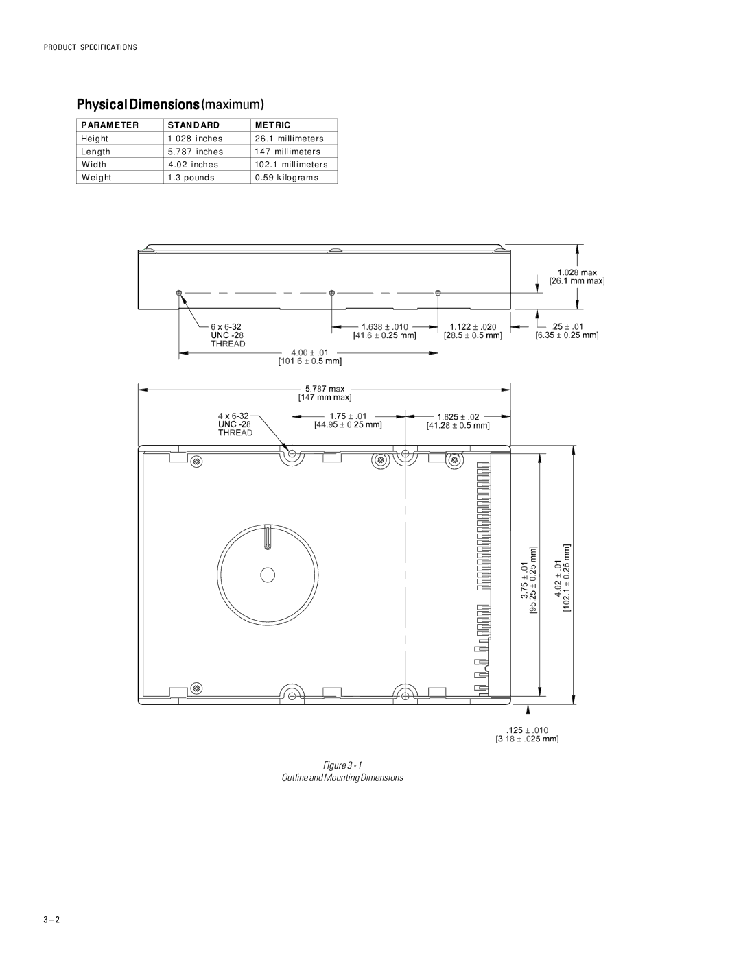 Maxtor 52049H3, 51536H2, 53073H4, 546106 specifications PhysicalDimensionsmaximum, Aram E TE R Stan D ARD ME T RIC 