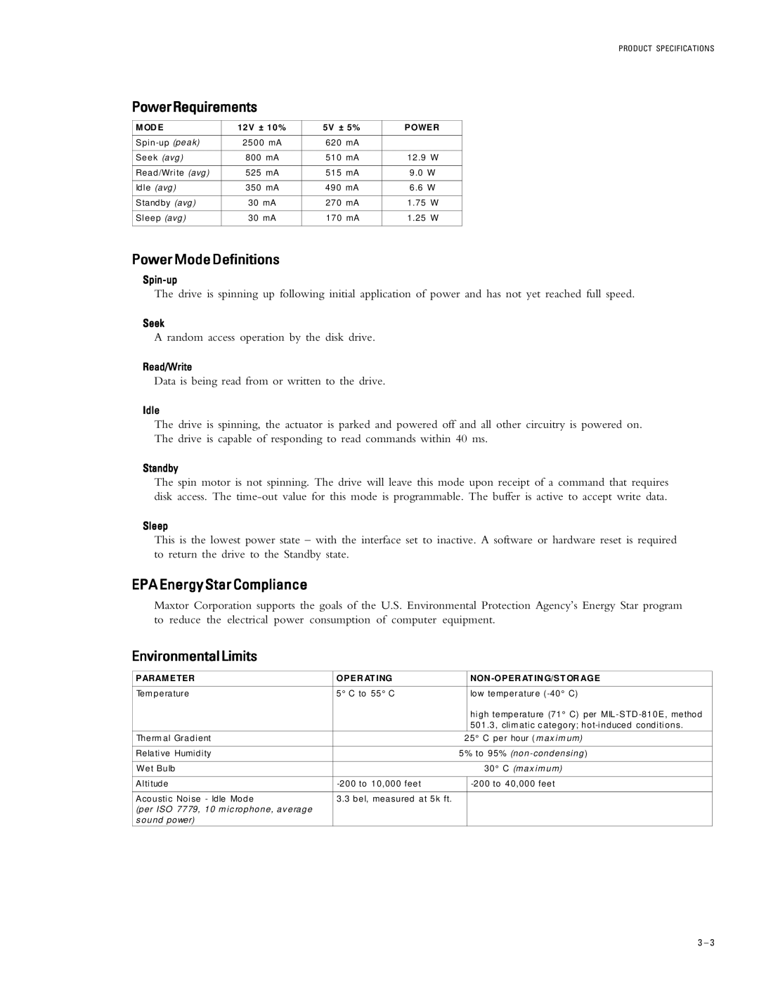 Maxtor 53073H4, 51536H2, 52049H3 PowerRequirements, PowerModeDefinitions, EPA Energy Star Compliance, EnvironmentalLimits 