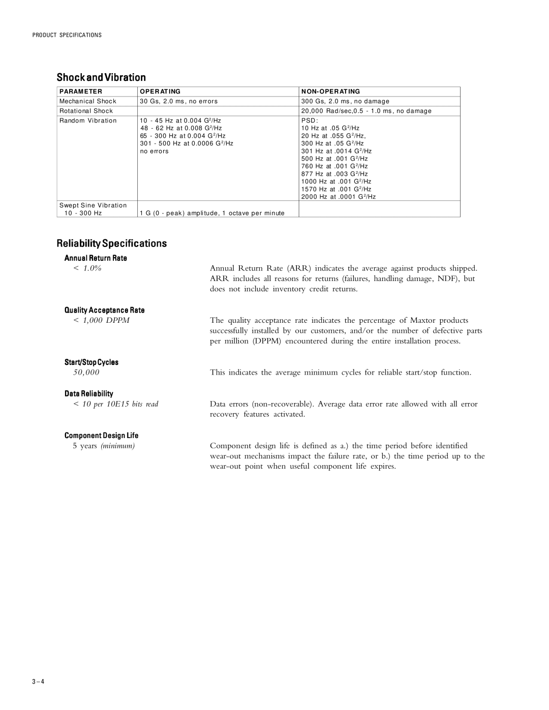 Maxtor 546106, 51536H2, 52049H3 Shock and Vibration, ReliabilitySpecifications, Param E TE R OP ER AT ING ON- OPE R AT ING 