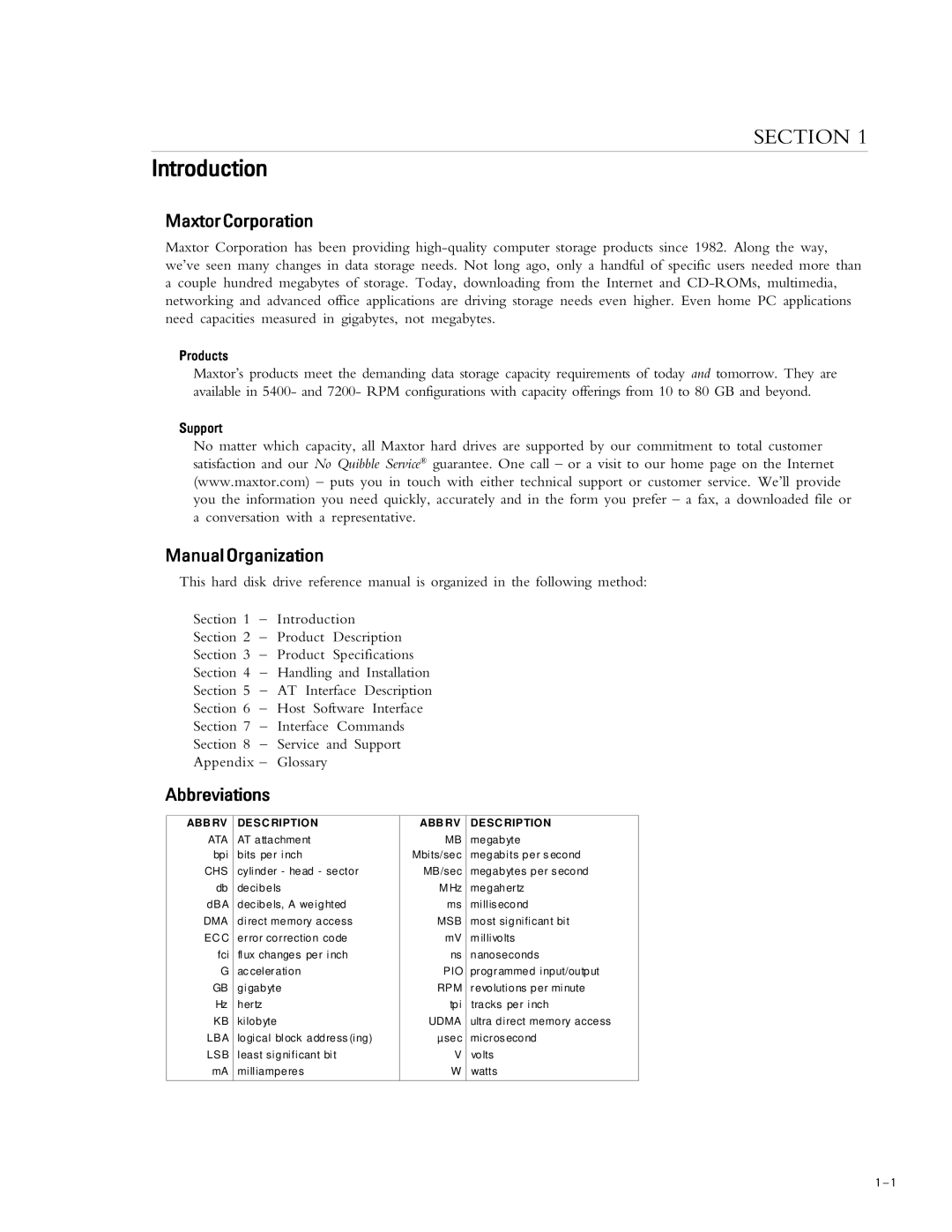 Maxtor 52049H3, 51536H2, 53073H4 Introduction, MaxtorCorporation, ManualOrganization, Abbreviations, ABB RV DE SC Ription 