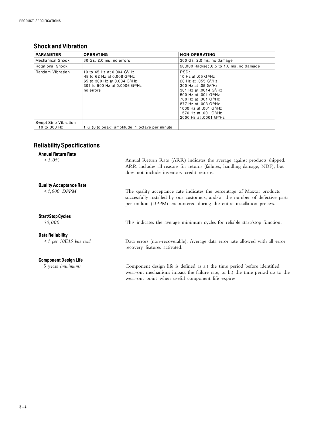 Maxtor 5T030H3, 5T060H6, 5T010H1 Shock and Vibration, ReliabilitySpecifications, Param E TE R OP ER AT ING ON- OPE R AT ING 