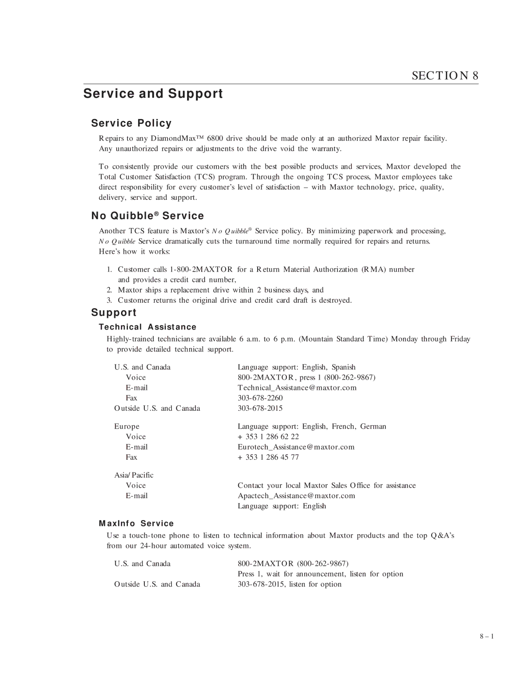 Maxtor 6800 manual Service and Support, Service Policy, No Quibble Service 