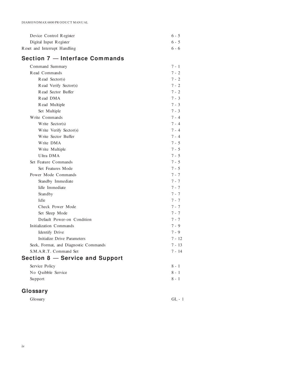 Maxtor 6800 manual Interface Commands, Service and Support, Glossary 