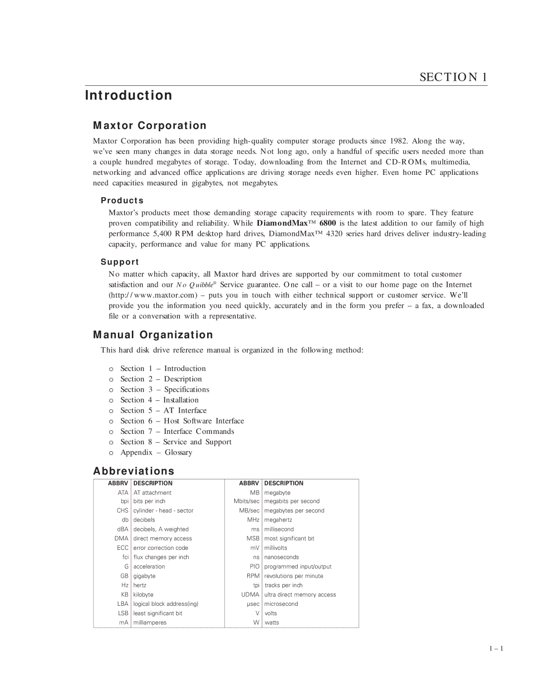 Maxtor 6800 manual Introduction, Maxtor Corporation, Manual Organization, Abbreviations 