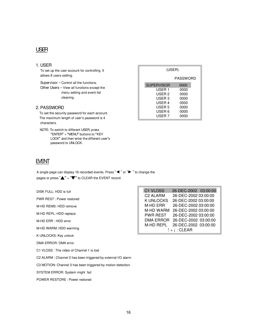 Maxtor 773W V1.0 user manual User, Event, Password 