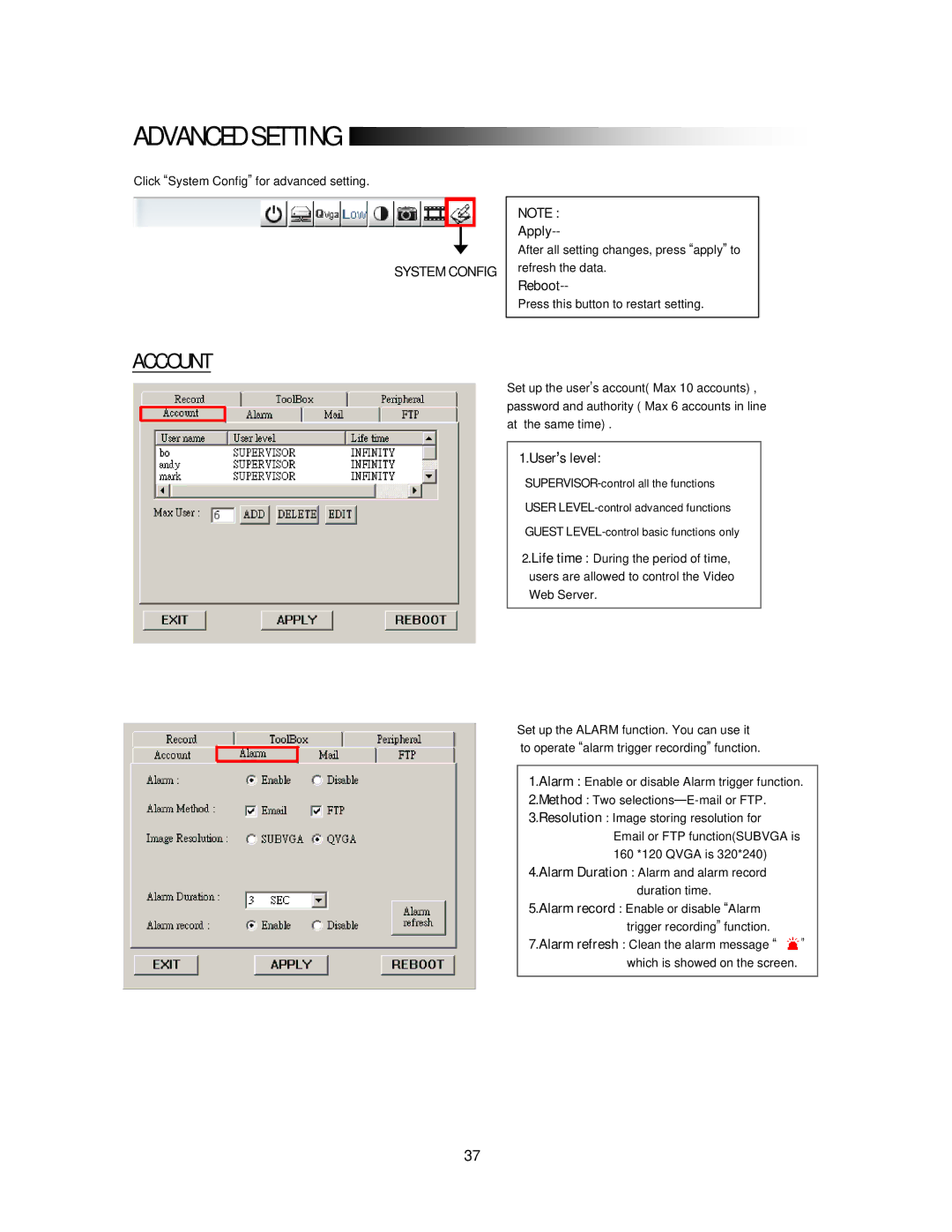 Maxtor 773W V1.0 user manual Advanced Setting, Account Alarm 