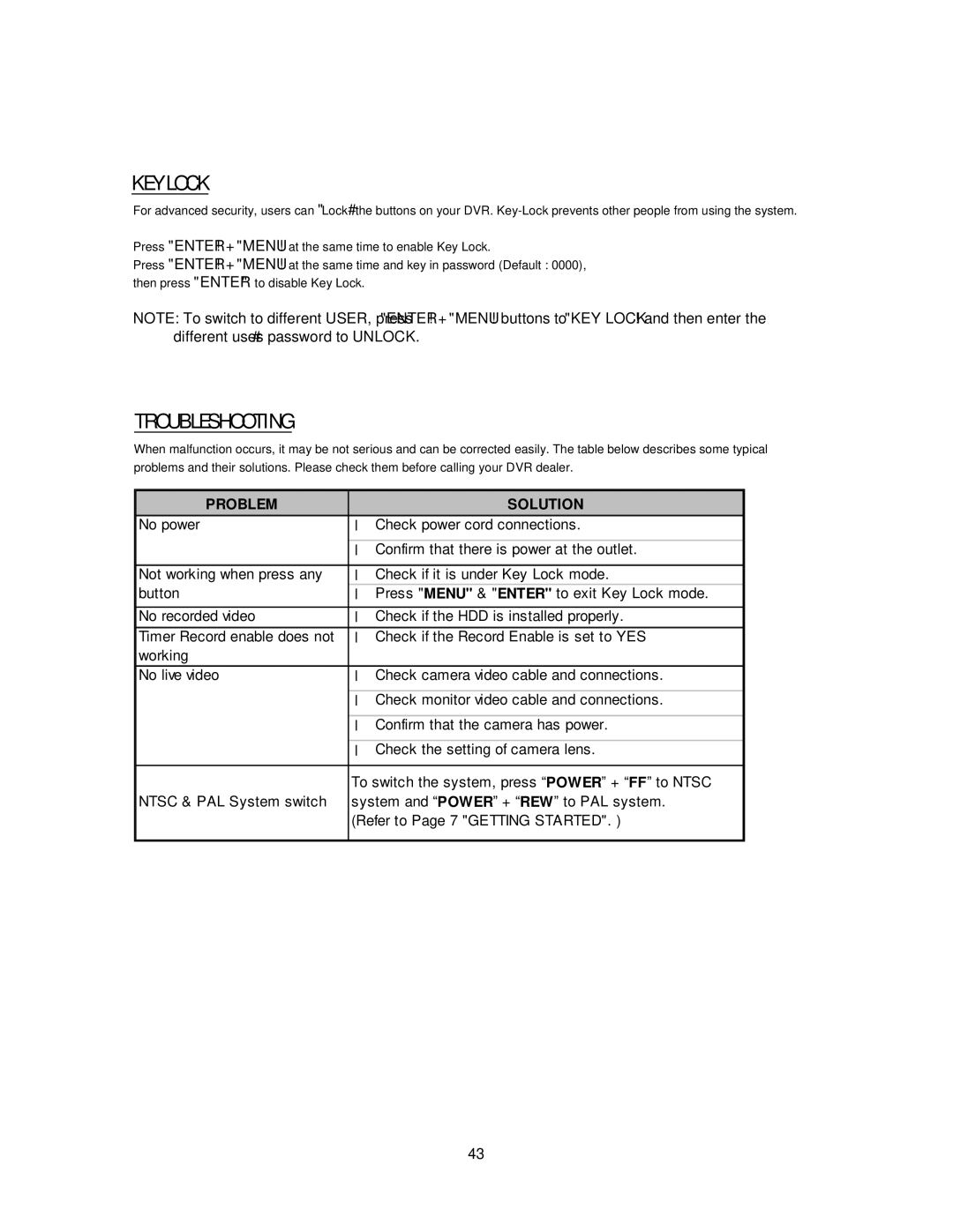 Maxtor 773W V1.0 user manual KEY Lock, Troubleshooting 