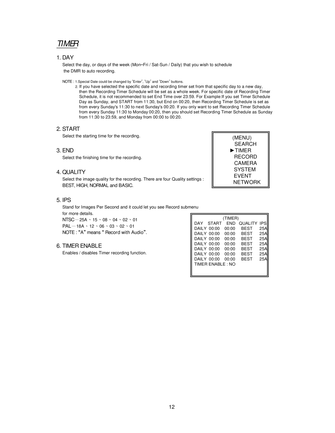 Maxtor 777 W V1.0 user manual Start, Quality, Timer Enable 