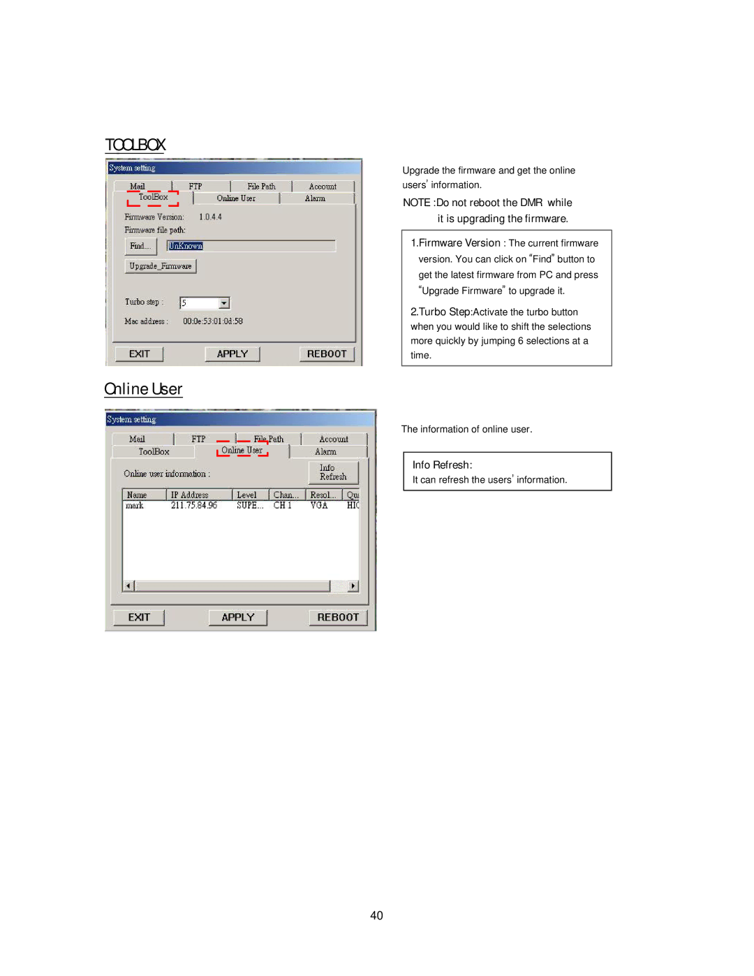 Maxtor 777 W V1.0 user manual Toolbox, Online User 