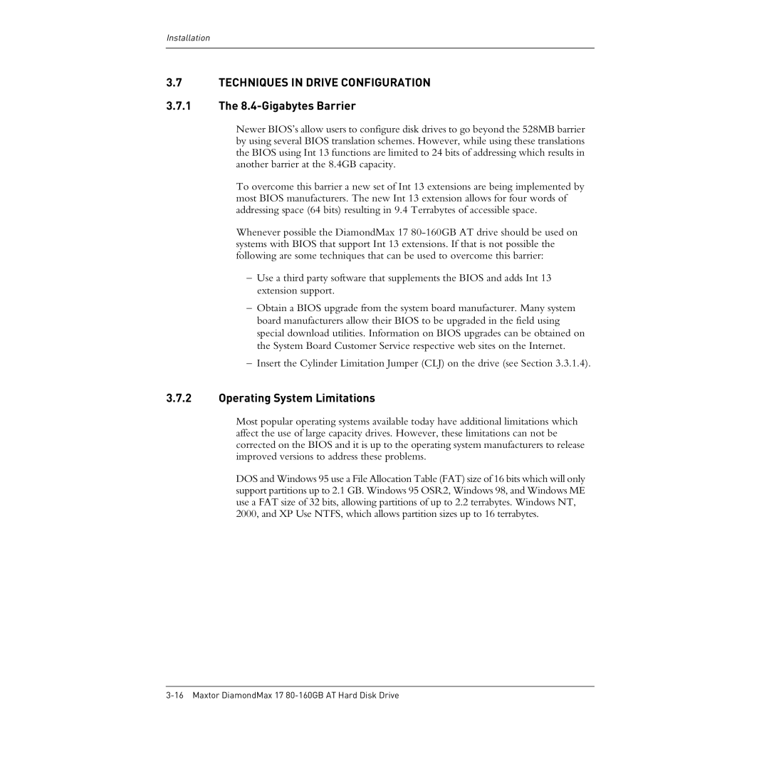 Maxtor 80-160GB manual Techniques in Drive Configuration, Gigabytes Barrier, Operating System Limitations 