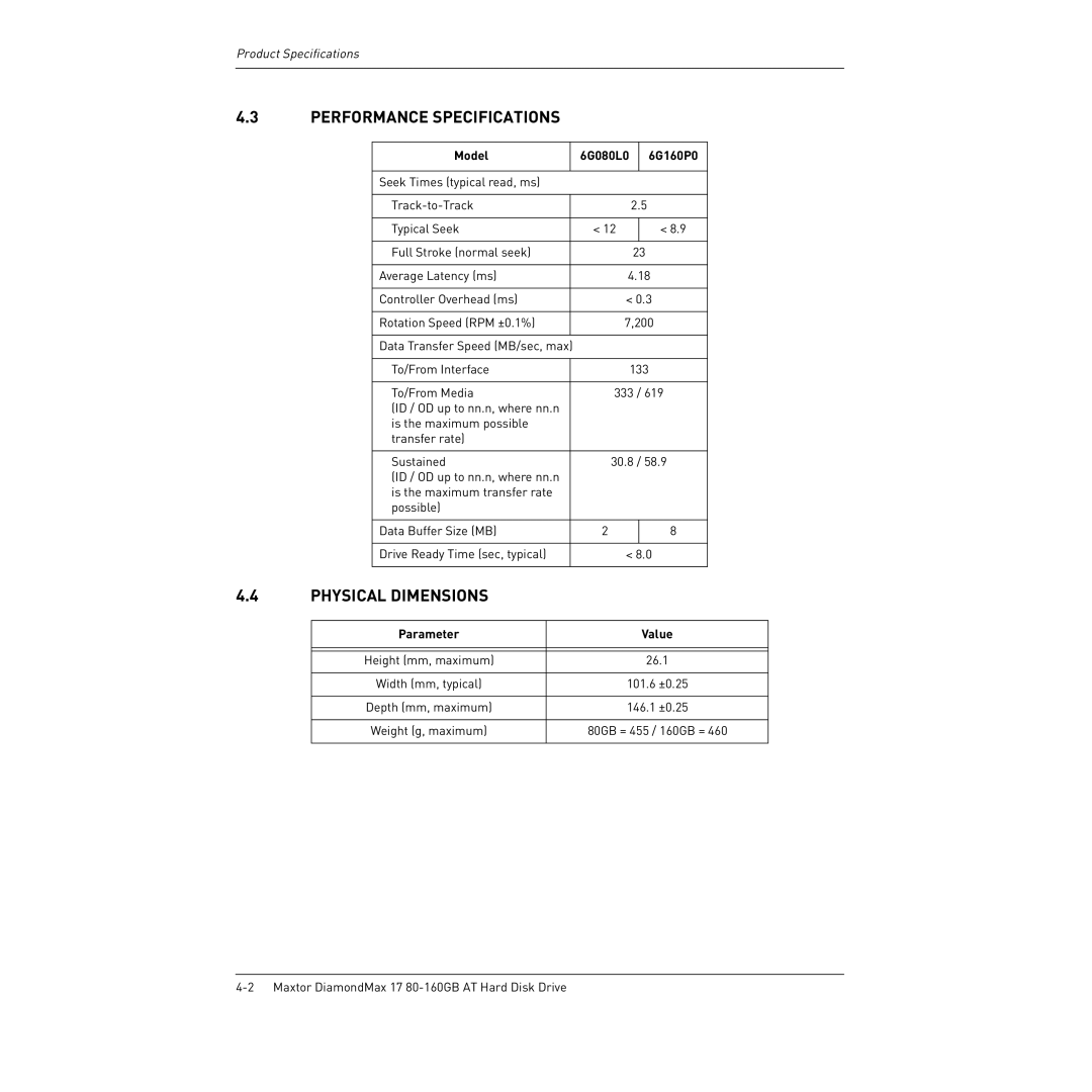 Maxtor 80-160GB manual Physical Dimensions, Model, Value 