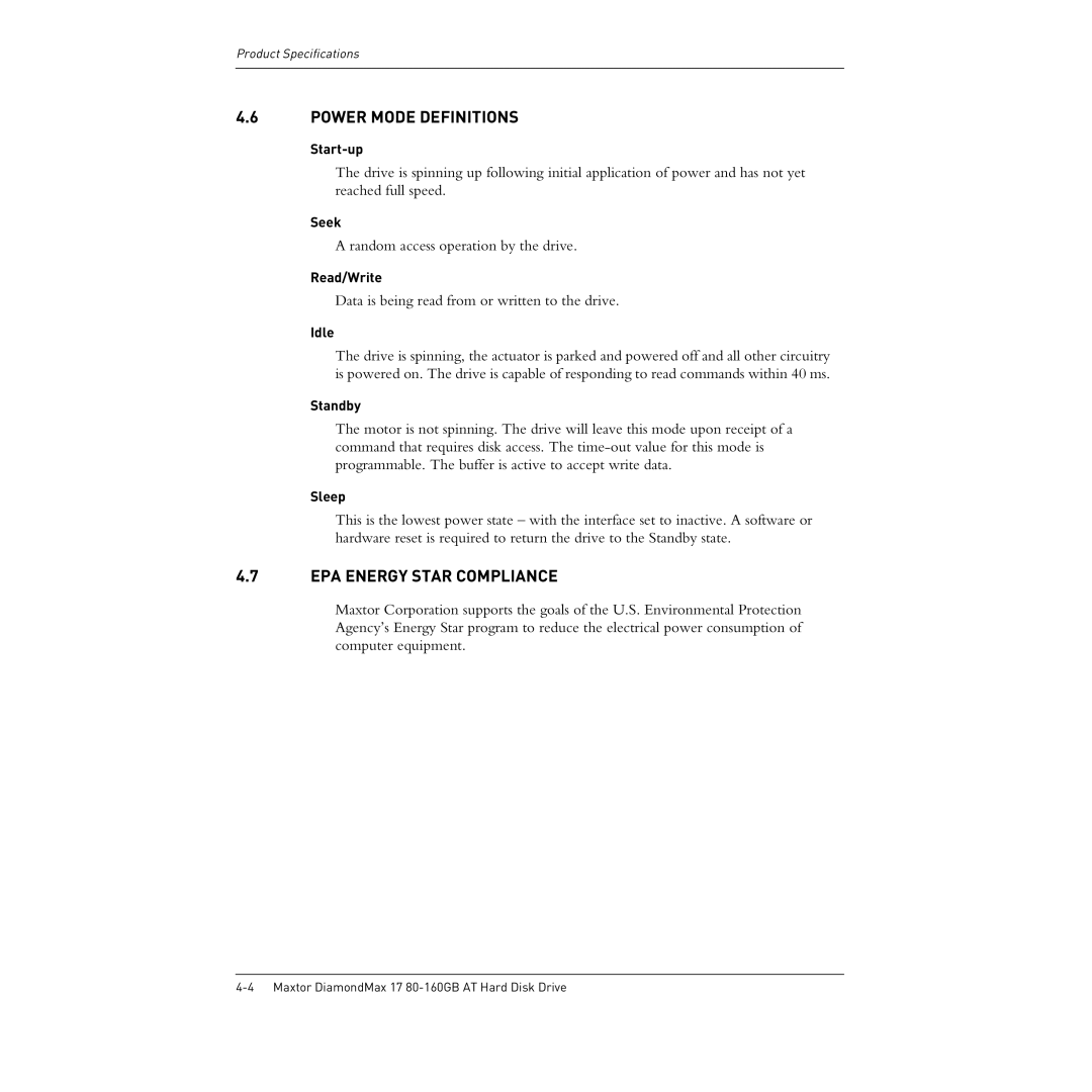 Maxtor 80-160GB manual Power Mode Definitions, EPA Energy Star Compliance 