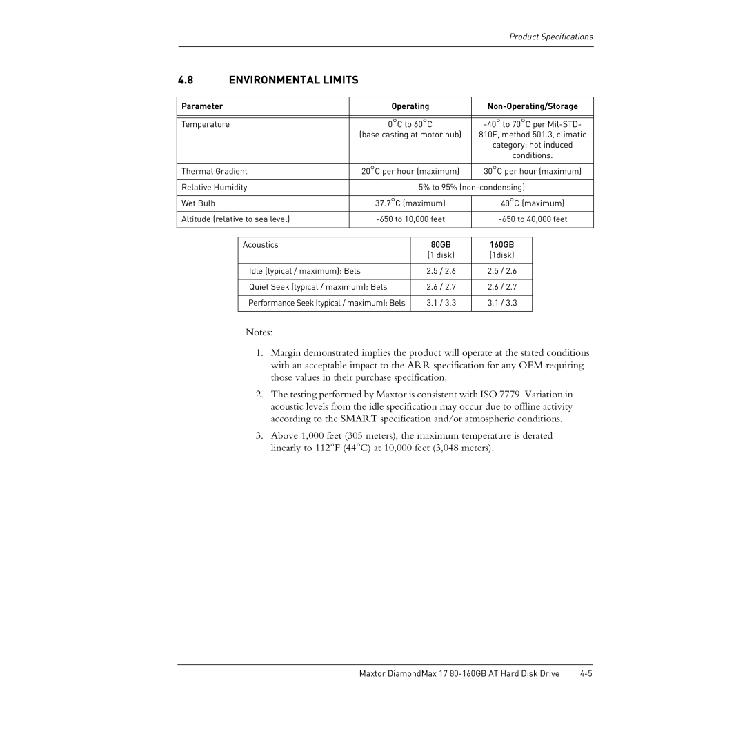 Maxtor 80-160GB manual Parameter, Non-Operating/Storage 