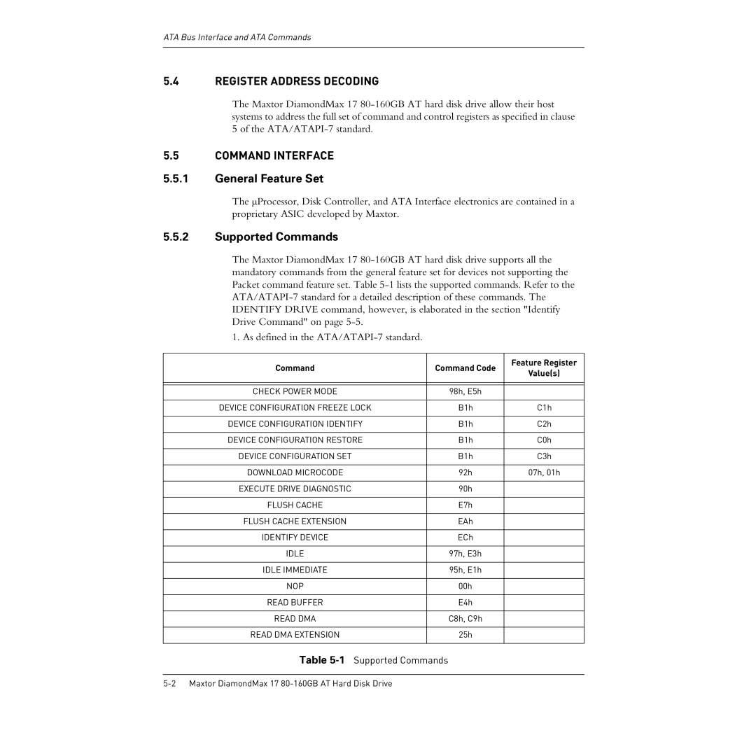Maxtor 80-160GB manual Register Address Decoding, Command Interface, General Feature Set, Supported Commands 