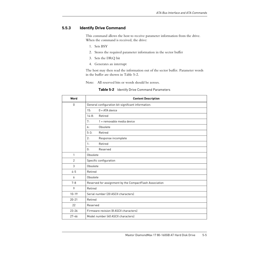 Maxtor 80-160GB manual Identify Drive Command, Word Content Description 