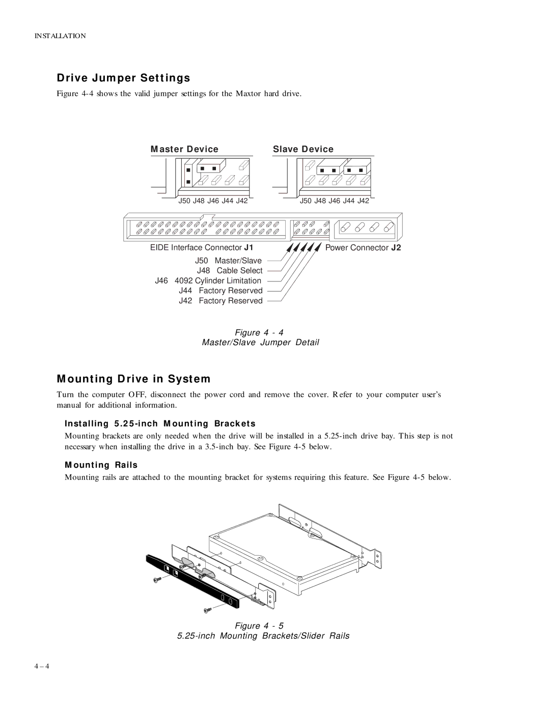 Maxtor 88400D8, 86480D6, 2160 Drive Jumper Settings, Mounting Drive in System, Master Device Slave Device, Mounting Rails 