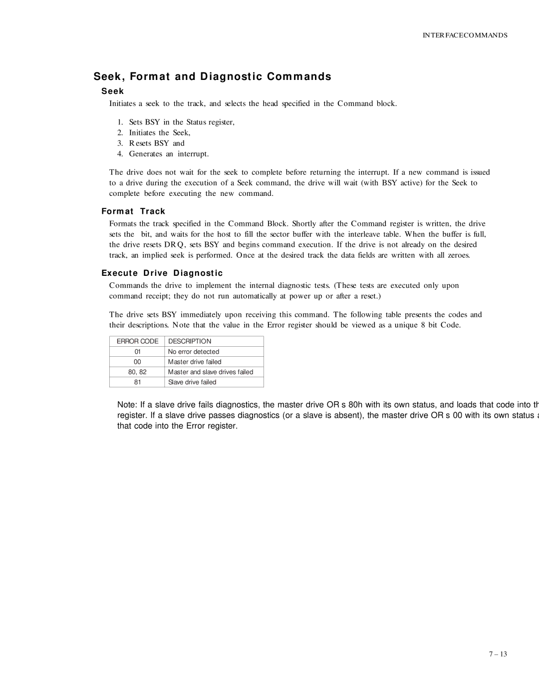 Maxtor 86480D6, 2160 Seek, Format and Diagnostic Commands, Format Track, Execute Drive Diagnostic, Error Code Description 