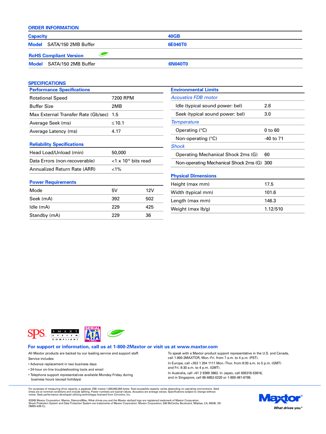 Maxtor 8S manual 40GB, Performance Specifications Environmental Limits, Reliability Specifications 