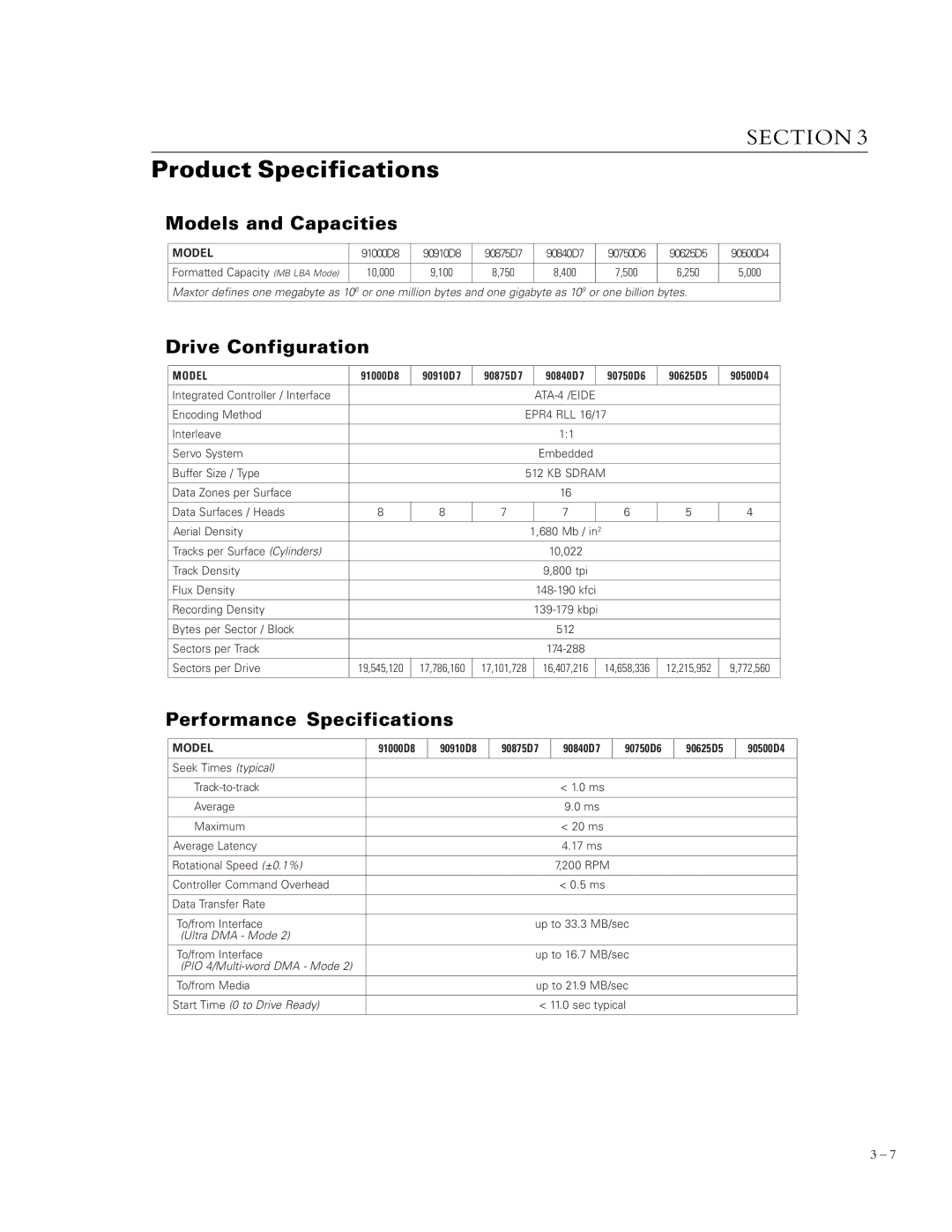 Maxtor 90625D5, 90910D8 Product Specifications, Models and Capacities, Drive Configuration, Performance Specifications 