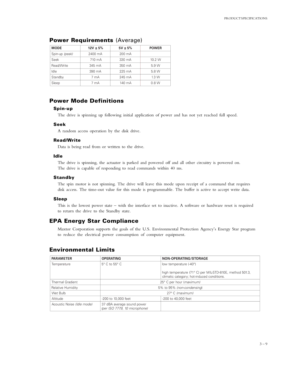 Maxtor 90910D8 Power Requirements Average, Power Mode Definitions, EPA Energy Star Compliance, Environmental Limits 