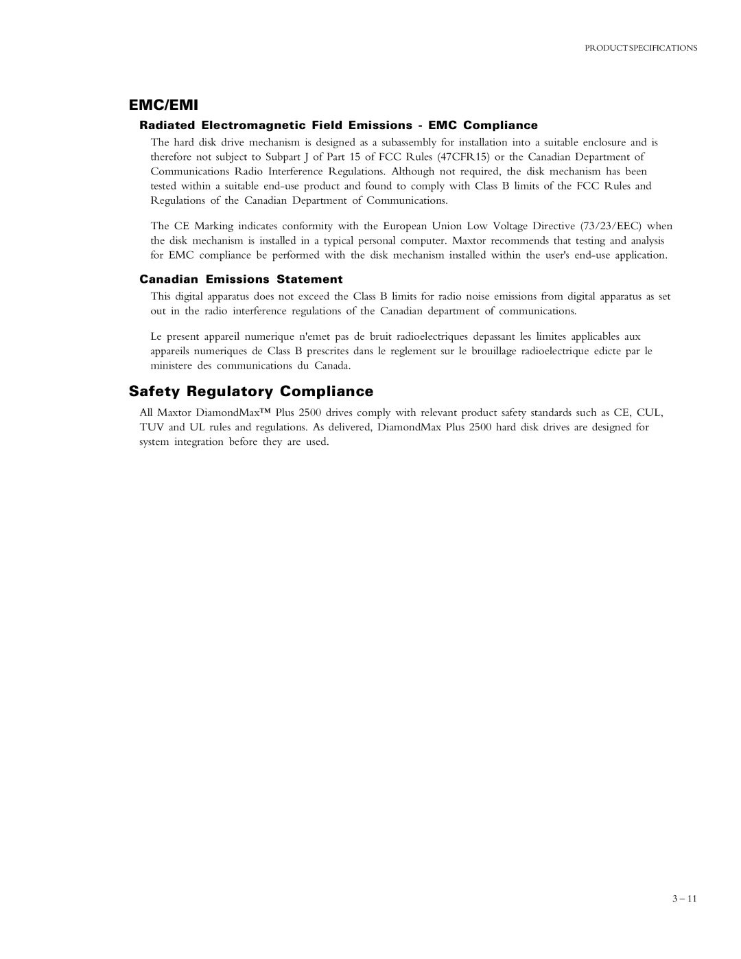 Maxtor 90875D7, 90910D8, 90840D7 Safety Regulatory Compliance, Radiated Electromagnetic Field Emissions EMC Compliance 