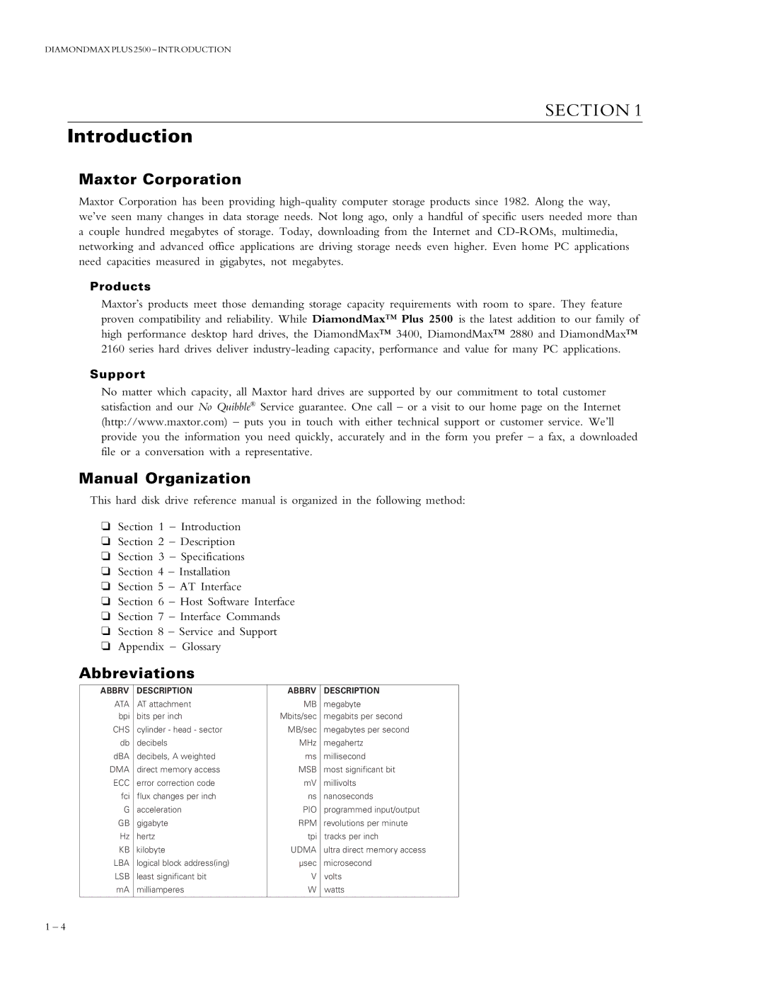 Maxtor 90500D4, 90910D8, 90840D7, 90875D7, 91000D8 Introduction, Maxtor Corporation, Manual Organization, Abbreviations 