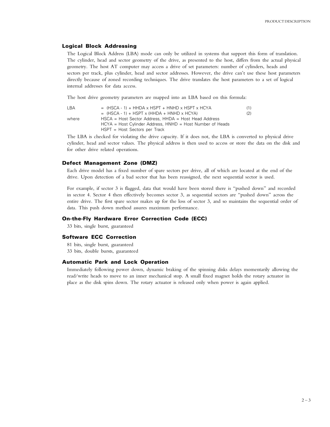 Maxtor 90840D7 Logical Block Addressing, Defect Management Zone DMZ, On-the-Fly Hardware Error Correction Code ECC 