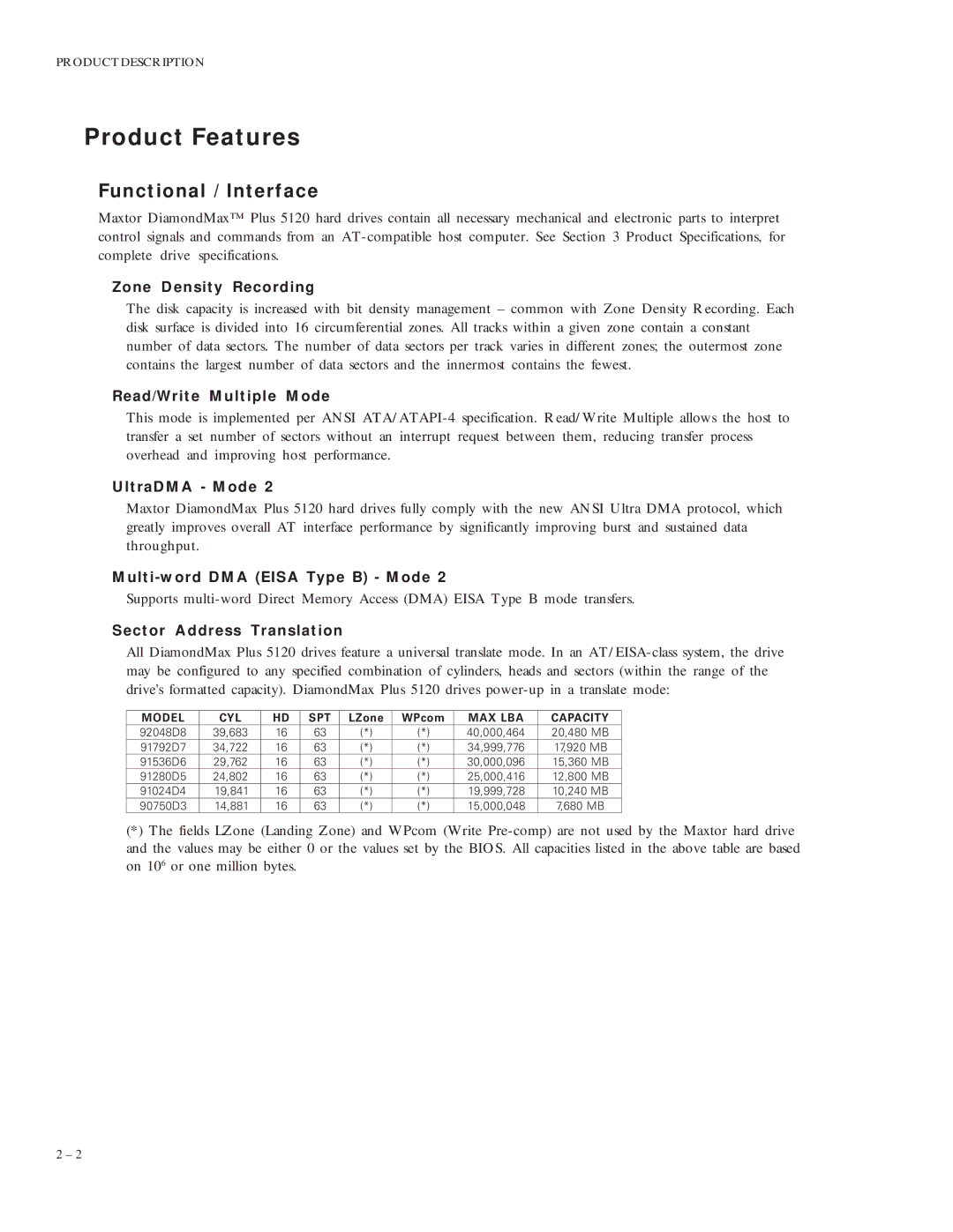 Maxtor 90750D3, 91024D4, 91280D5, 91536D6, 91792D7, 92048D8 manual Product Features, Functional / Interface 