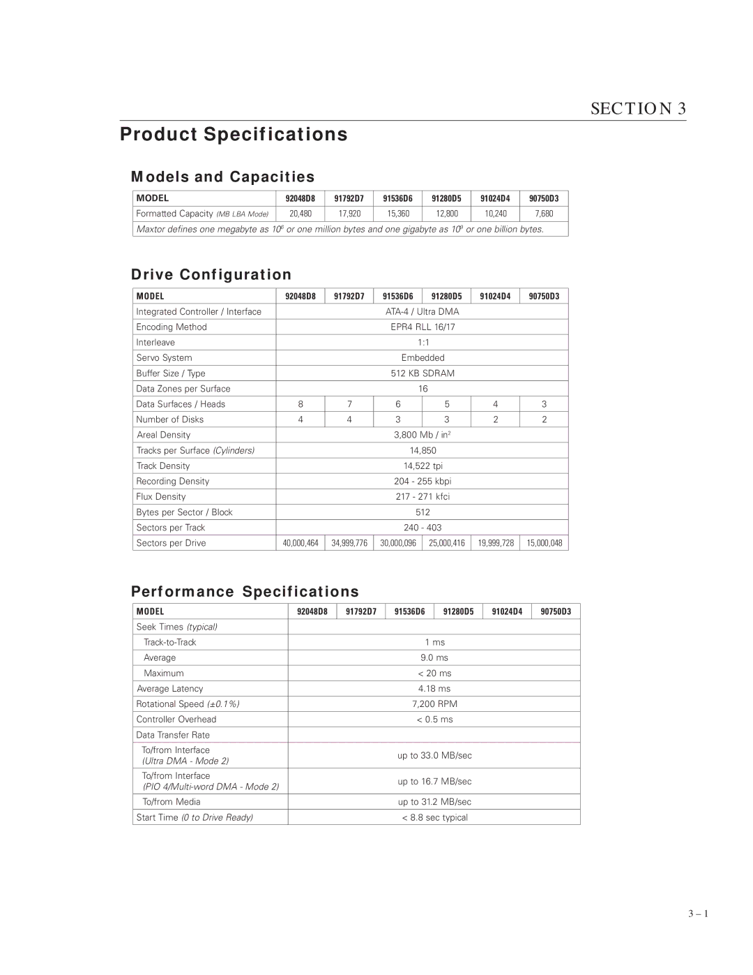 Maxtor 91024D4, 90750D3 Product Specifications, Models and Capacities, Drive Configuration, Performance Specifications 