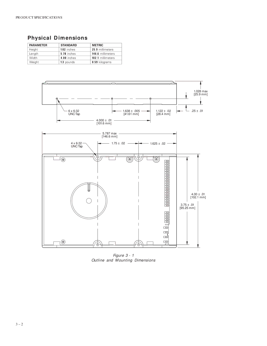 Maxtor 90750D3, 91024D4, 91280D5, 91536D6, 91792D7, 92048D8 manual Physical Dimensions, Parameter Standard Metric 