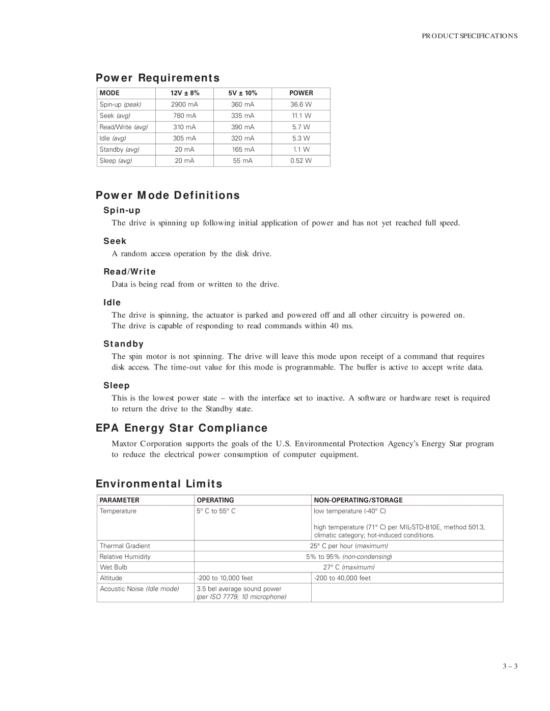 Maxtor 91280D5, 91024D4 manual Power Requirements, Power Mode Definitions, EPA Energy Star Compliance, Environmental Limits 