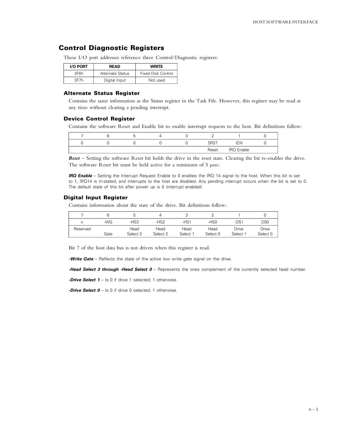 Maxtor 92048D8 Control Diagnostic Registers, Alternate Status Register, Device Control Register, Digital Input Register 