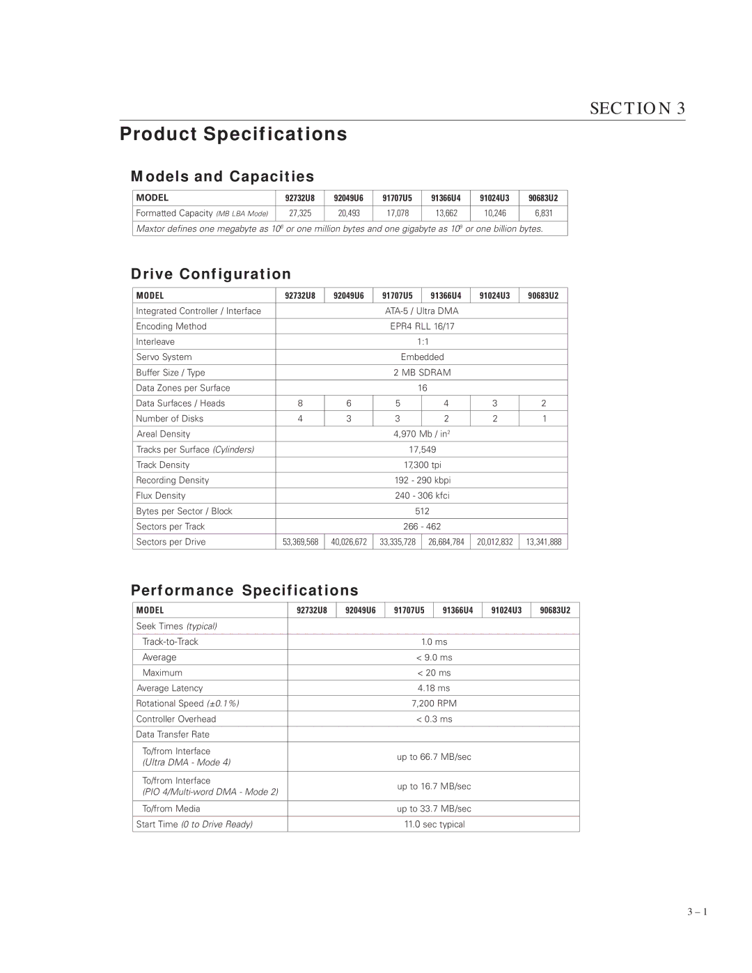 Maxtor 91024U3, 90683U2 Product Specifications, Models and Capacities, Drive Configuration, Performance Specifications 